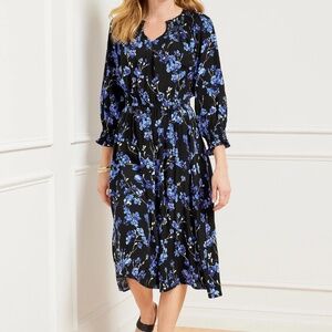 Transitional floral midi dress,Talbots, blue & white on black, petite large
